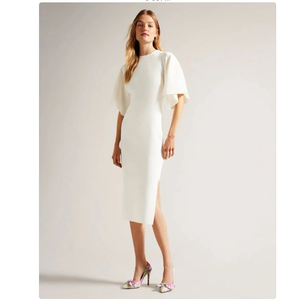 New - Ted Baker London Lounia Fluted Sleeve Body-Con Dress in White Size 1 - Picture 1 of 16